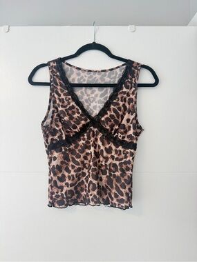 🩵 Shein Leopard Print Lace Trim Mesh Tank Top Small